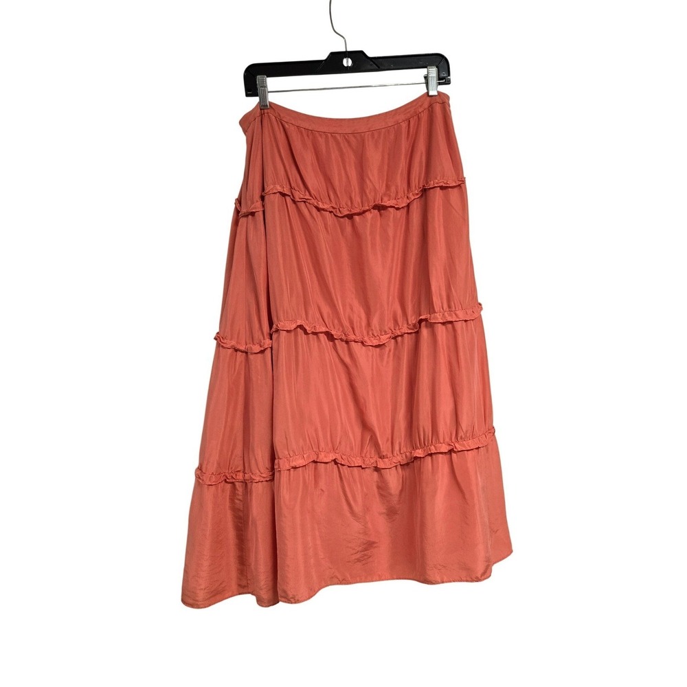 City DKNY Silk Tiered Midi Skirt Coral Orange Ruffle Boho Women's Sz 10 VINTAGE